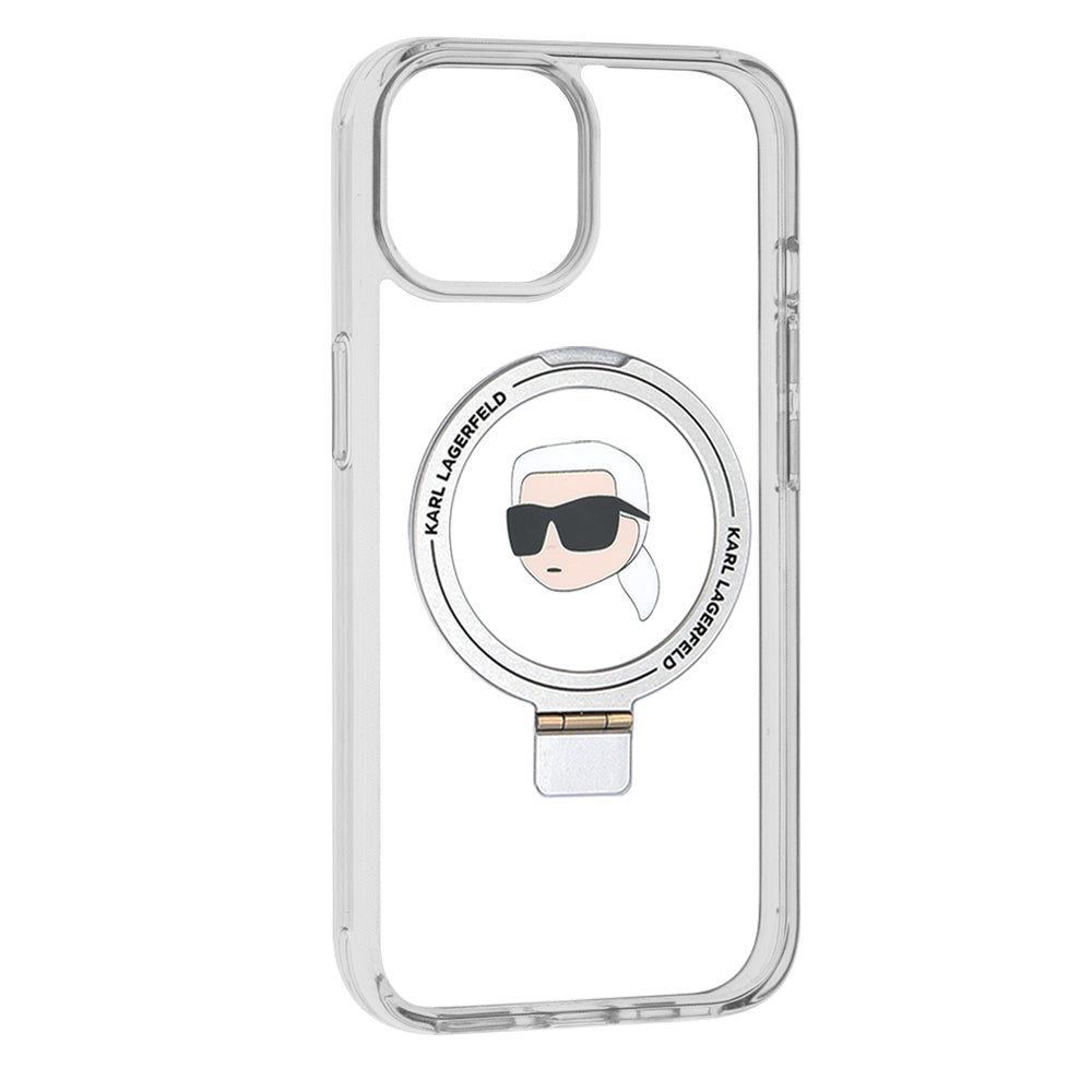 Husa MagSafe pentru Apple iPhone 15, Karl Lagerfeld, Ring Stand Karl's Head, Alba