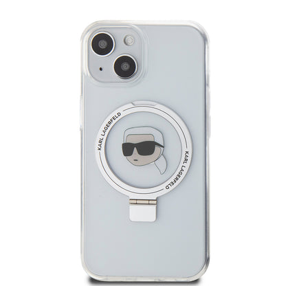 Husa MagSafe pentru Apple iPhone 15, Karl Lagerfeld, Ring Stand Karl's Head, Alba