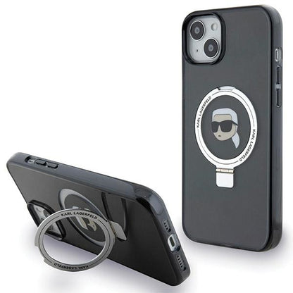 Husa MagSafe pentru Apple iPhone 15, Karl Lagerfeld, Ring Stand Karl's Head, Neagra