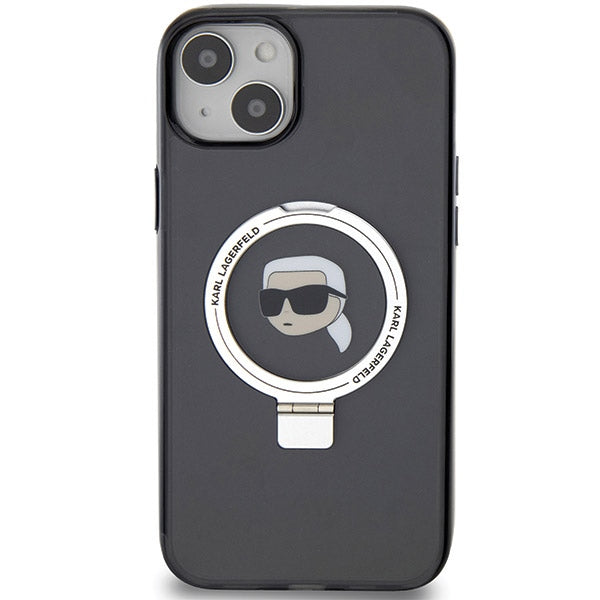 Husa MagSafe pentru Apple iPhone 15, Karl Lagerfeld, Ring Stand Karl's Head, Neagra