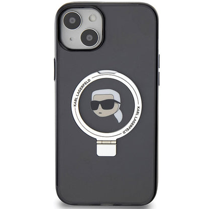 Husa MagSafe pentru Apple iPhone 15, Karl Lagerfeld, Ring Stand Karl's Head, Neagra