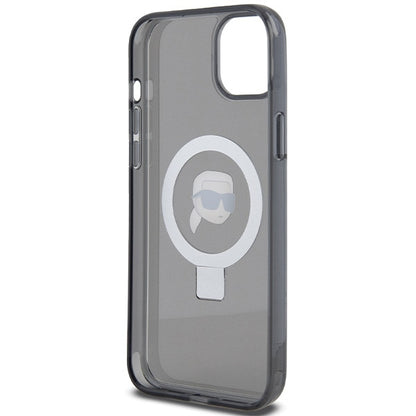 Husa MagSafe pentru Apple iPhone 15, Karl Lagerfeld, Ring Stand Karl's Head, Neagra
