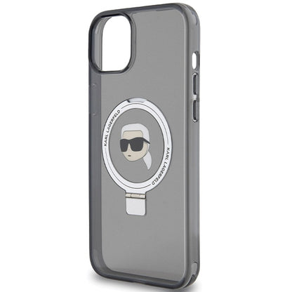 Husa MagSafe pentru Apple iPhone 15, Karl Lagerfeld, Ring Stand Karl's Head, Neagra