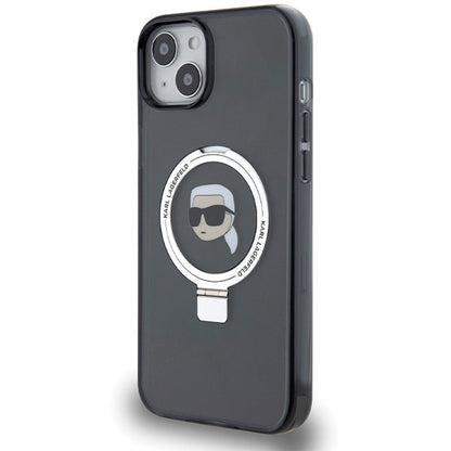 Husa MagSafe pentru Apple iPhone 15, Karl Lagerfeld, Ring Stand Karl's Head, Neagra