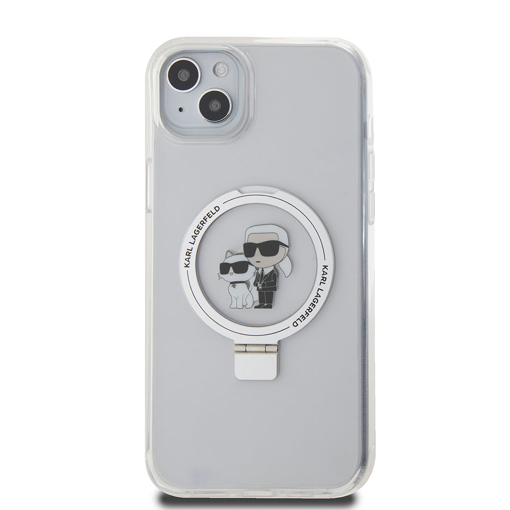 Husa MagSafe pentru Apple iPhone 15 Plus, Karl Lagerfeld, Ringstand Karl and Choupette, Alba