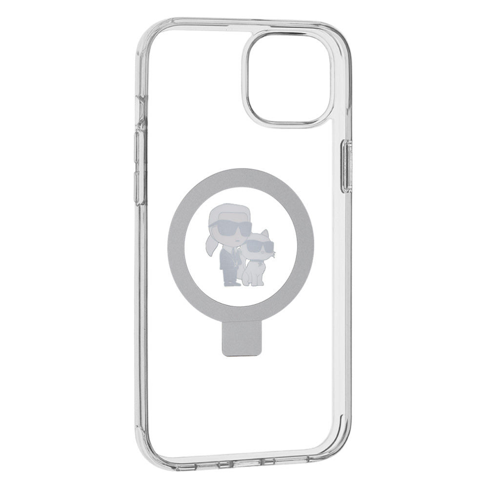 Husa MagSafe pentru Apple iPhone 15 Plus, Karl Lagerfeld, Ringstand Karl and Choupette, Alba