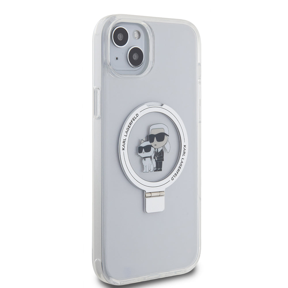 Husa MagSafe pentru Apple iPhone 15 Plus, Karl Lagerfeld, Ringstand Karl and Choupette, Alba