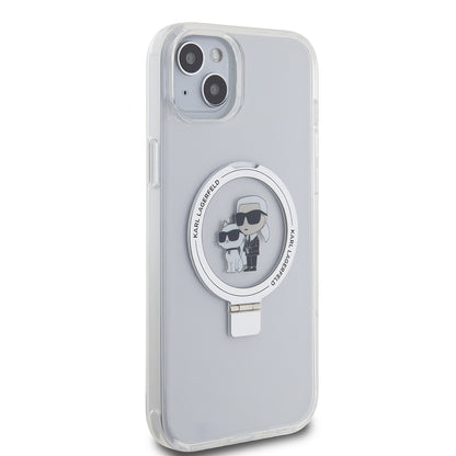 Husa MagSafe pentru Apple iPhone 15 Plus, Karl Lagerfeld, Ringstand Karl and Choupette, Alba