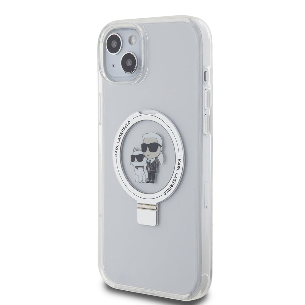 Husa MagSafe pentru Apple iPhone 15 Plus, Karl Lagerfeld, Ringstand Karl and Choupette, Alba
