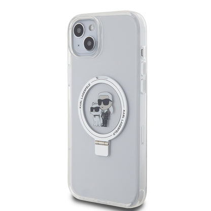 Husa MagSafe pentru Apple iPhone 15 Plus, Karl Lagerfeld, Ringstand Karl and Choupette, Alba