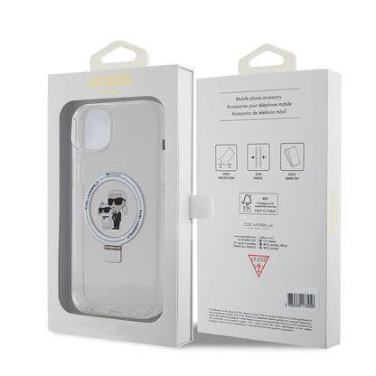 Husa MagSafe pentru Apple iPhone 15 Plus, Karl Lagerfeld, Ringstand Karl and Choupette, Alba