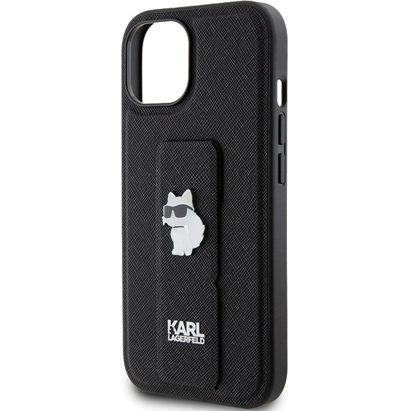 Husa MagSafe pentru Apple iPhone 15, Karl Lagerfeld, Saffiano Gripstand Choupette, Neagra