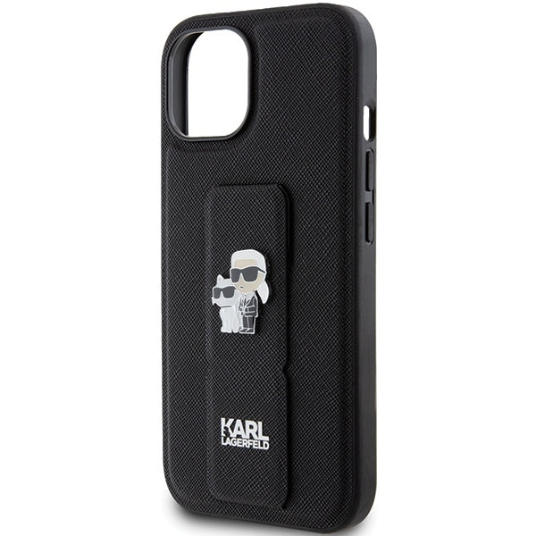 Husa MagSafe pentru Apple iPhone 15, Karl Lagerfeld, Saffiano Gripstand Karl & Choupette, Neagra