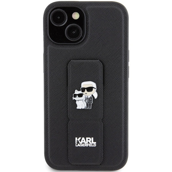 Husa MagSafe pentru Apple iPhone 15, Karl Lagerfeld, Saffiano Gripstand Karl & Choupette, Neagra