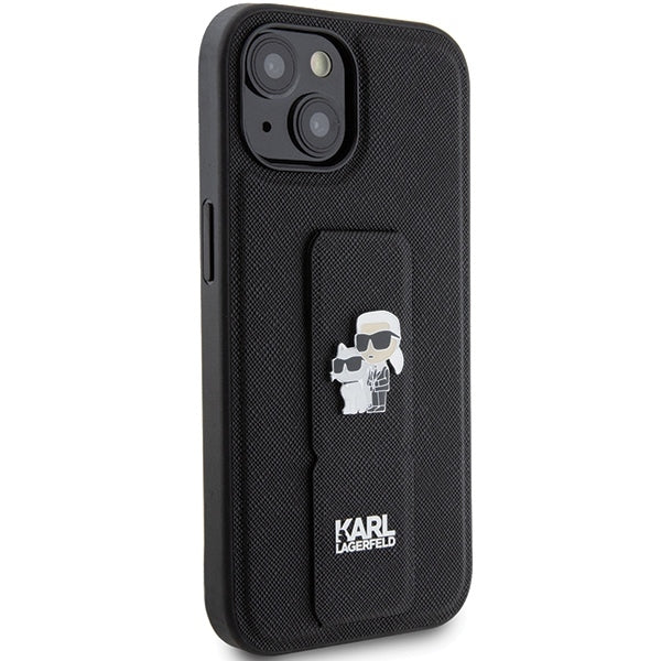 Husa MagSafe pentru Apple iPhone 15, Karl Lagerfeld, Saffiano Gripstand Karl & Choupette, Neagra