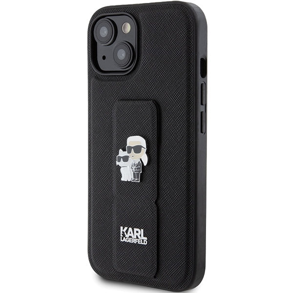 Husa MagSafe pentru Apple iPhone 15, Karl Lagerfeld, Saffiano Gripstand Karl & Choupette, Neagra