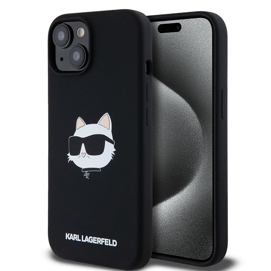 Husa MagSafe pentru Apple iPhone 15, Karl Lagerfeld, Silicone Choupette's Head, Neagra