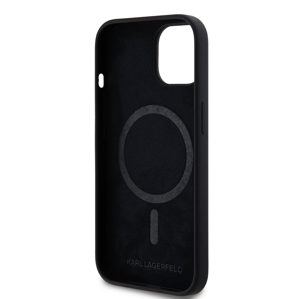 Husa MagSafe pentru Apple iPhone 15, Karl Lagerfeld, Silicone Choupette's Head, Neagra