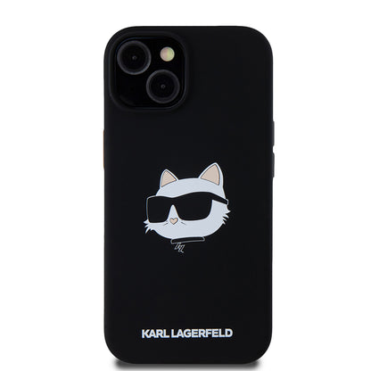 Husa MagSafe pentru Apple iPhone 15, Karl Lagerfeld, Silicone Choupette's Head, Neagra
