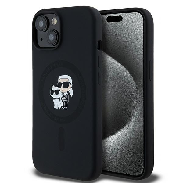 Husa MagSafe pentru Apple iPhone 15, Karl Lagerfeld, Silicone Karl & Choupette, Neagra