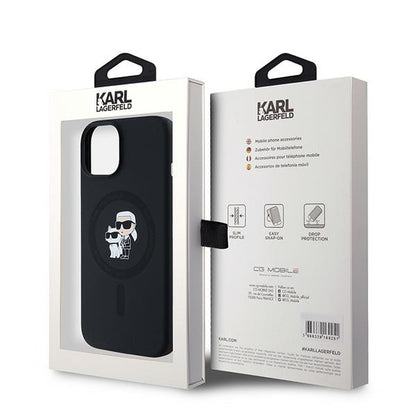Husa MagSafe pentru Apple iPhone 15, Karl Lagerfeld, Silicone Karl & Choupette, Neagra