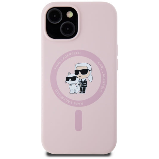 Husa MagSafe pentru Apple iPhone 15, Karl Lagerfeld, Silicone Karl & Choupette, Roz
