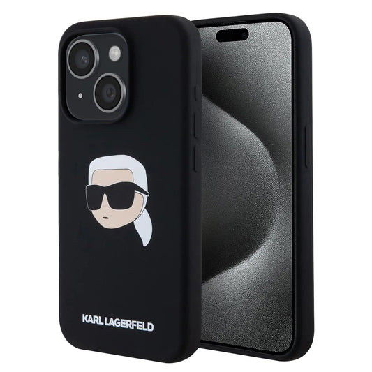 Husa MagSafe pentru Apple iPhone 15, Karl Lagerfeld, Silicone Karl's Head, Neagra