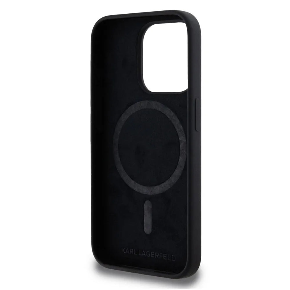 Husa MagSafe pentru Apple iPhone 15, Karl Lagerfeld, Silicone Karl's Head, Neagra