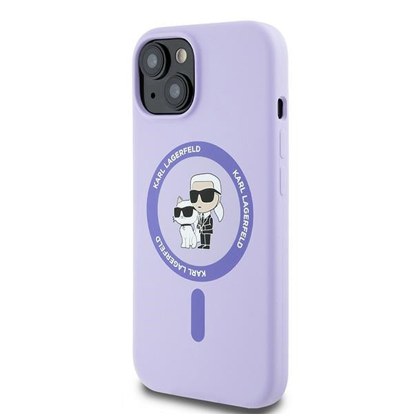 Husa MagSafe pentru Apple iPhone 15, Karl Lagerfeld, Silicone Ring Karl & Choupette, Mov