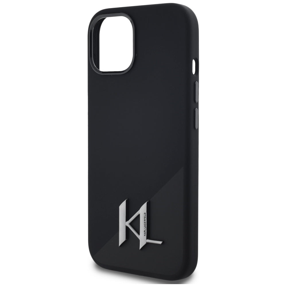 Husa MagSafe pentru Apple iPhone 15, Karl Lagerfeld, Silicone Shadow Metal Initial, Neagra