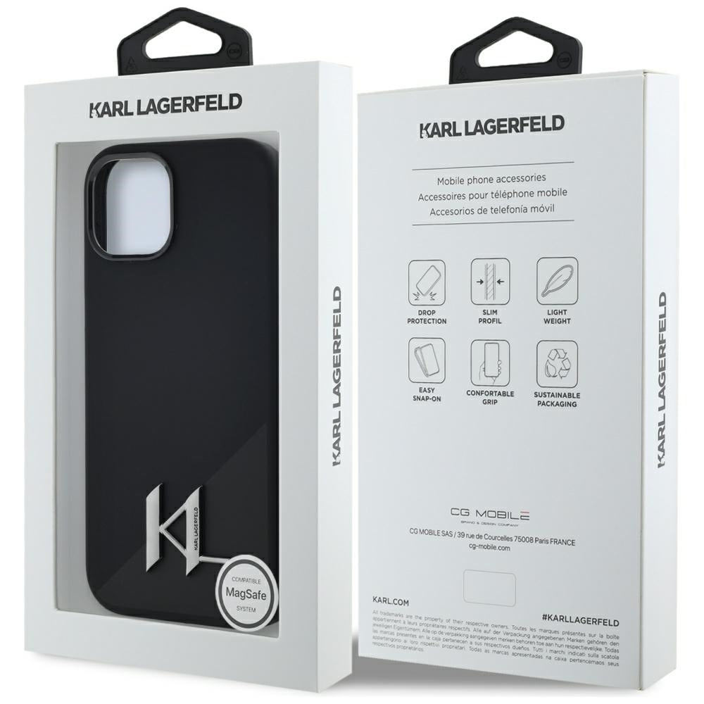 Husa MagSafe pentru Apple iPhone 15, Karl Lagerfeld, Silicone Shadow Metal Initial, Neagra