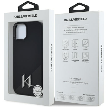 Husa MagSafe pentru Apple iPhone 15, Karl Lagerfeld, Silicone Shadow Metal Initial, Neagra