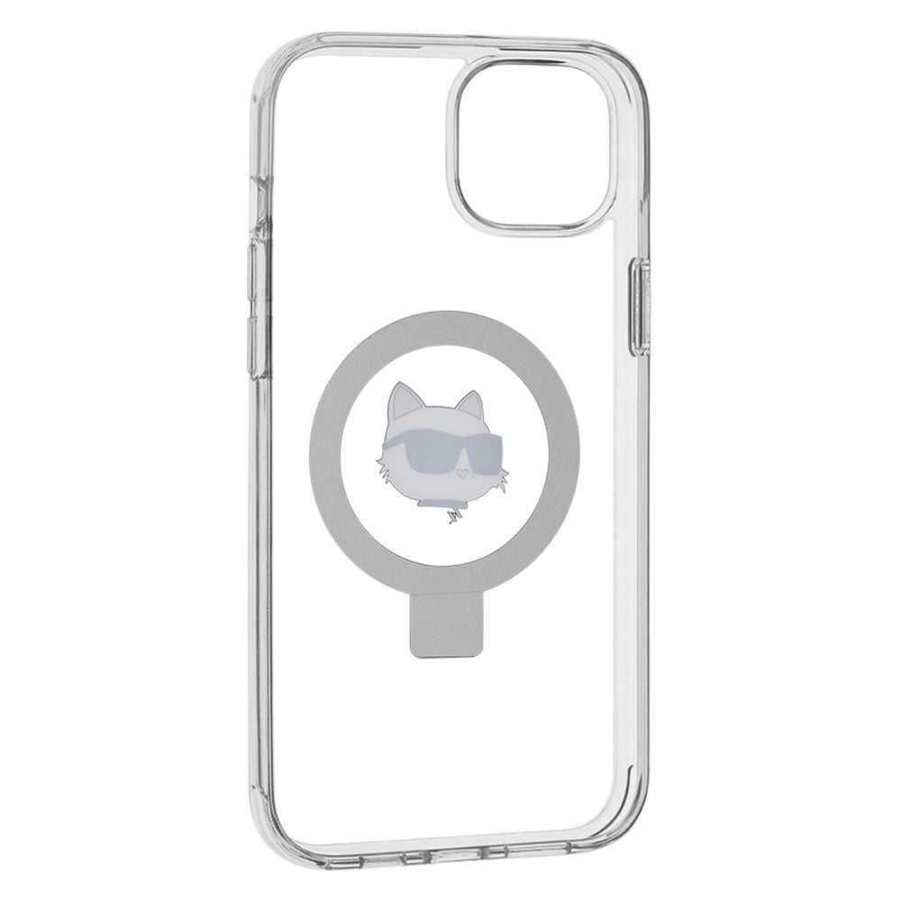 Husa MagSafe pentru Apple iPhone 15 Plus / 14 Plus, Karl Lagerfeld, Ring Stand Choupette's Head, Alba