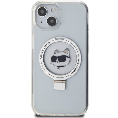 Husa MagSafe pentru Apple iPhone 15 Plus / 14 Plus, Karl Lagerfeld, Ring Stand Choupette's Head, Alba