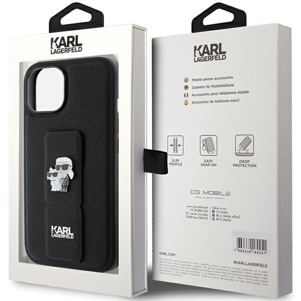 Husa MagSafe pentru Apple iPhone 15 Plus / 14 Plus, Karl Lagerfeld, Saffiano Gripstand Karl & Choupette, Neagra