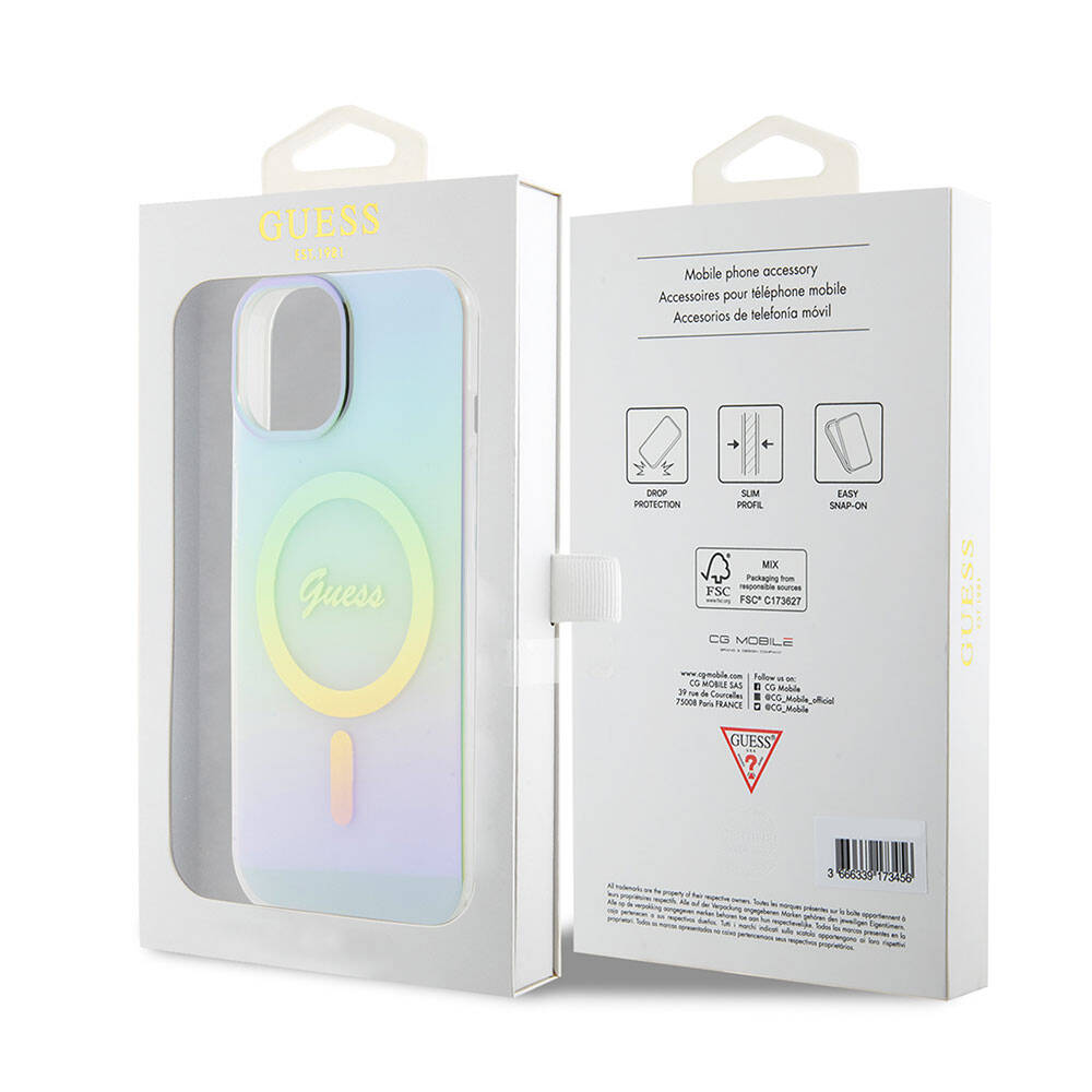 Husa MagSafe pentru Apple iPhone 15 Plus, Guess, IML Iridescent, Turcoaz