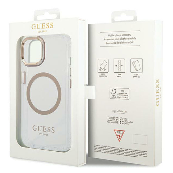Husa MagSafe pentru Apple iPhone 15 Plus, Guess, Metal Outline, Aurie