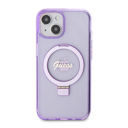 Husa MagSafe pentru Apple iPhone 15 Plus, Guess, Ring Stand Script Glitter, Mov