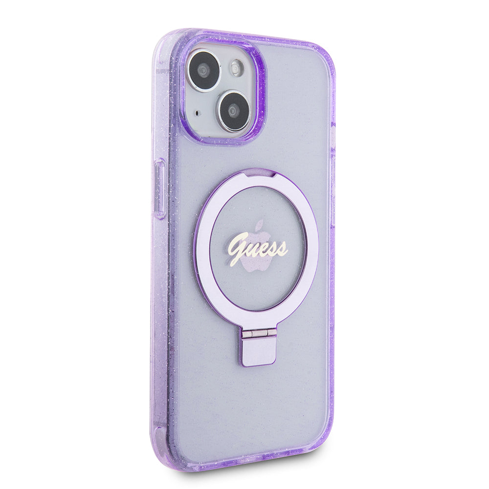 Husa MagSafe pentru Apple iPhone 15 Plus, Guess, Ring Stand Script Glitter, Mov