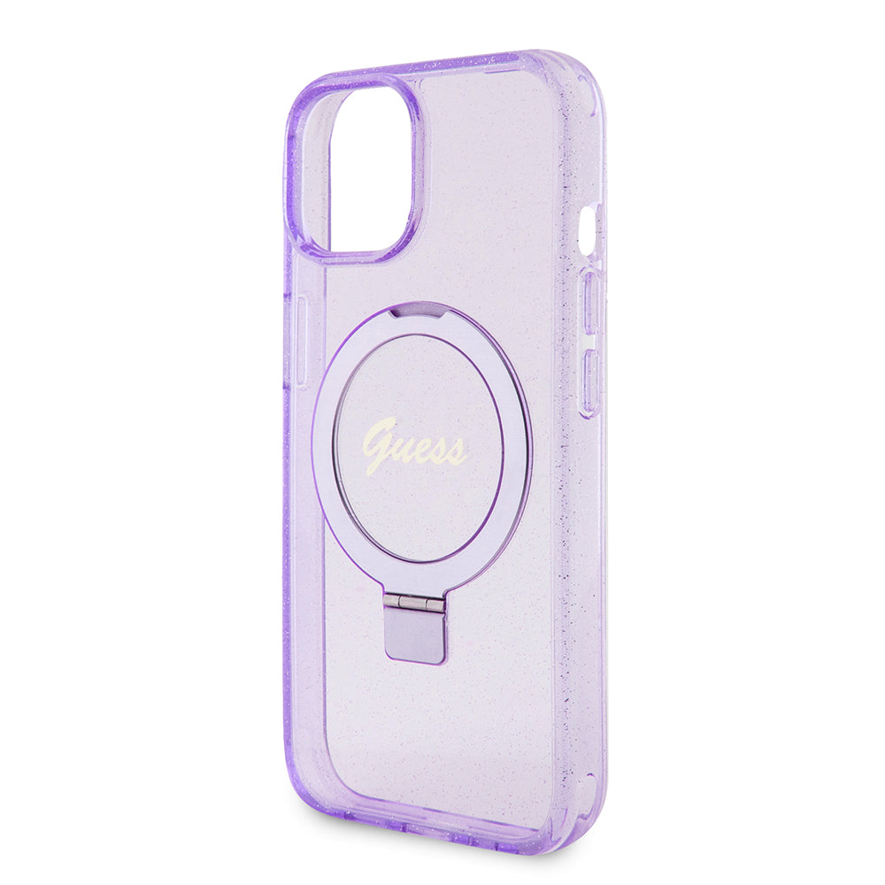 Husa MagSafe pentru Apple iPhone 15 Plus, Guess, Ring Stand Script Glitter, Mov