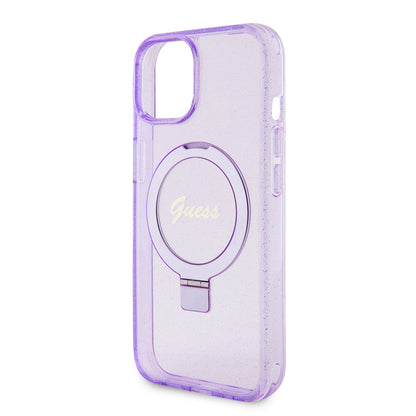 Husa MagSafe pentru Apple iPhone 15 Plus, Guess, Ring Stand Script Glitter, Mov