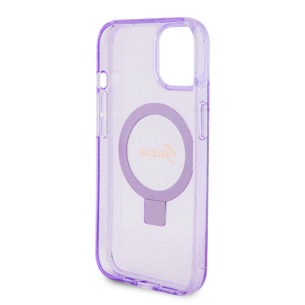 Husa MagSafe pentru Apple iPhone 15 Plus, Guess, Ring Stand Script Glitter, Mov