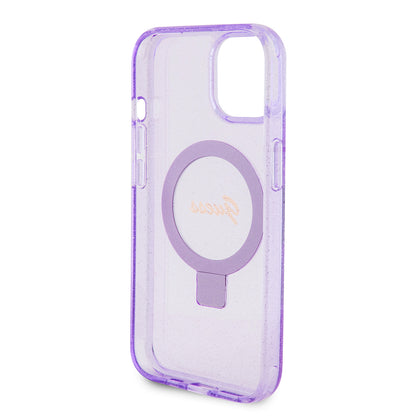 Husa MagSafe pentru Apple iPhone 15 Plus, Guess, Ring Stand Script Glitter, Mov