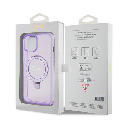 Husa MagSafe pentru Apple iPhone 15 Plus, Guess, Ring Stand Script Glitter, Mov