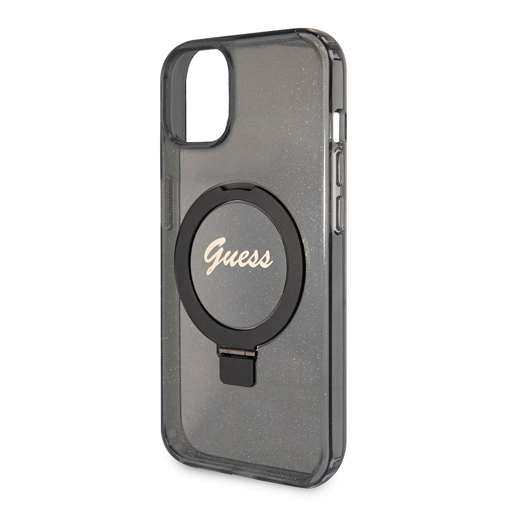 Husa MagSafe pentru Apple iPhone 15 Plus, Guess, Ring Stand Script Glitter, Neagra