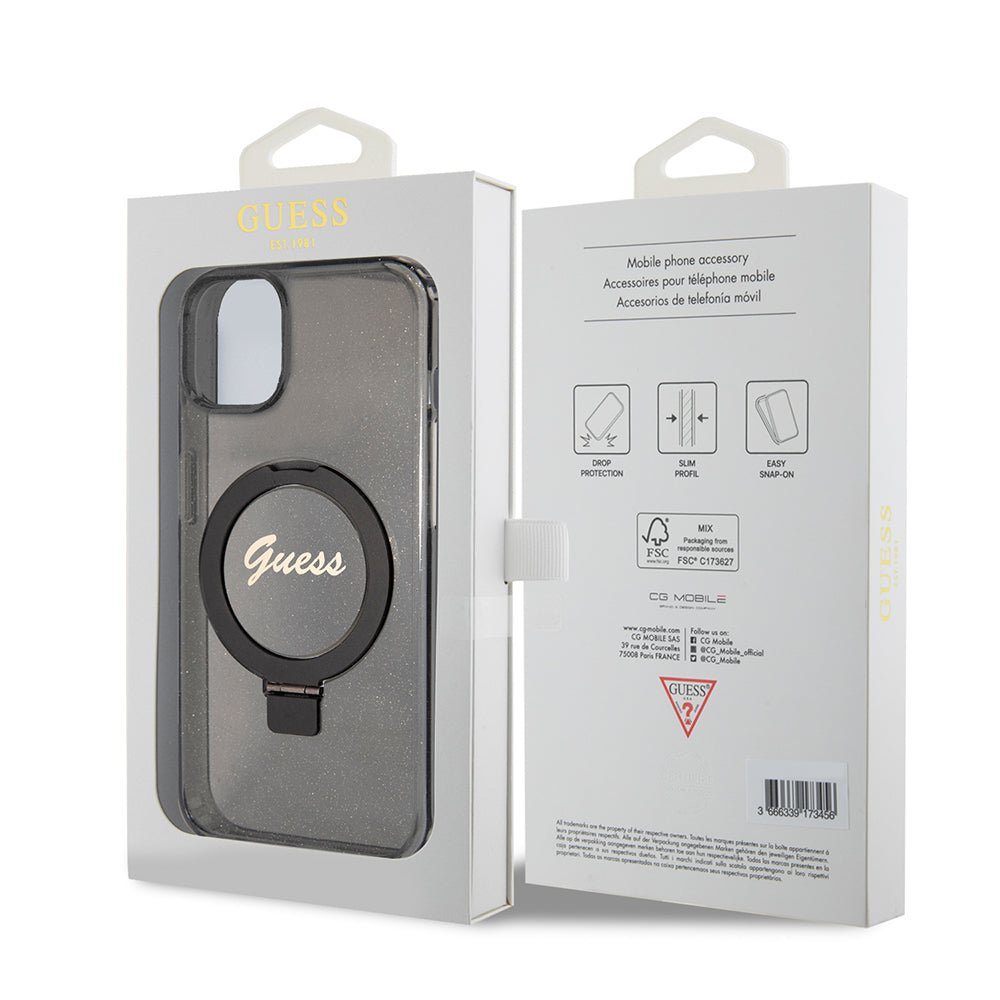 Husa MagSafe pentru Apple iPhone 15 Plus, Guess, Ring Stand Script Glitter, Neagra