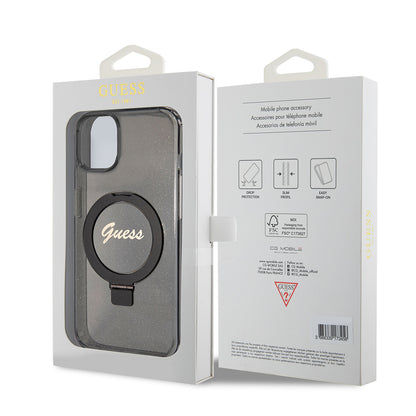 Husa MagSafe pentru Apple iPhone 15 Plus, Guess, Ring Stand Script Glitter, Neagra