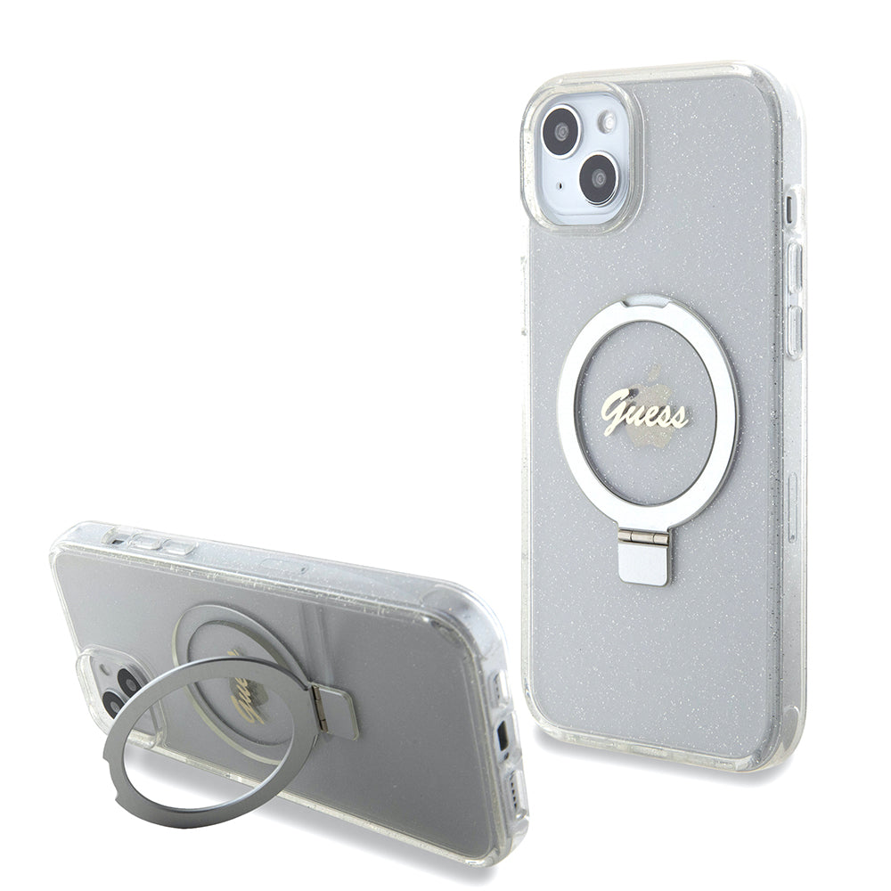 Husa MagSafe pentru Apple iPhone 15 Plus, Guess, Ring Stand Script Glitter, Transparenta