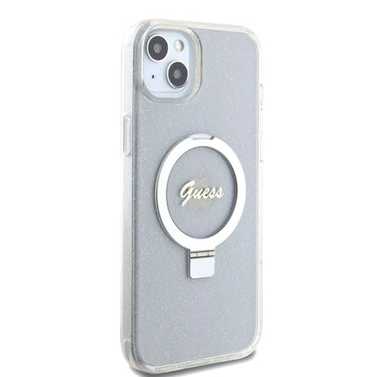Husa MagSafe pentru Apple iPhone 15 Plus, Guess, Ring Stand Script Glitter, Transparenta