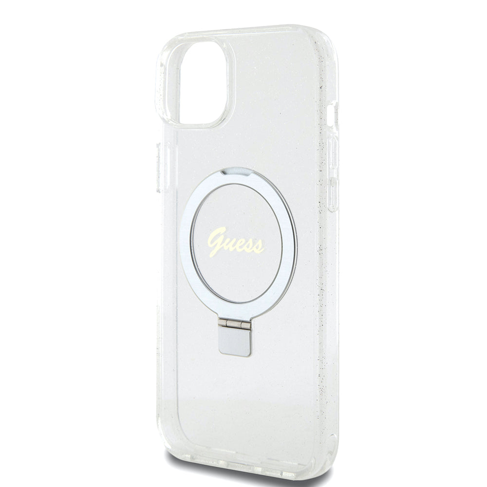 Husa MagSafe pentru Apple iPhone 15 Plus, Guess, Ring Stand Script Glitter, Transparenta
